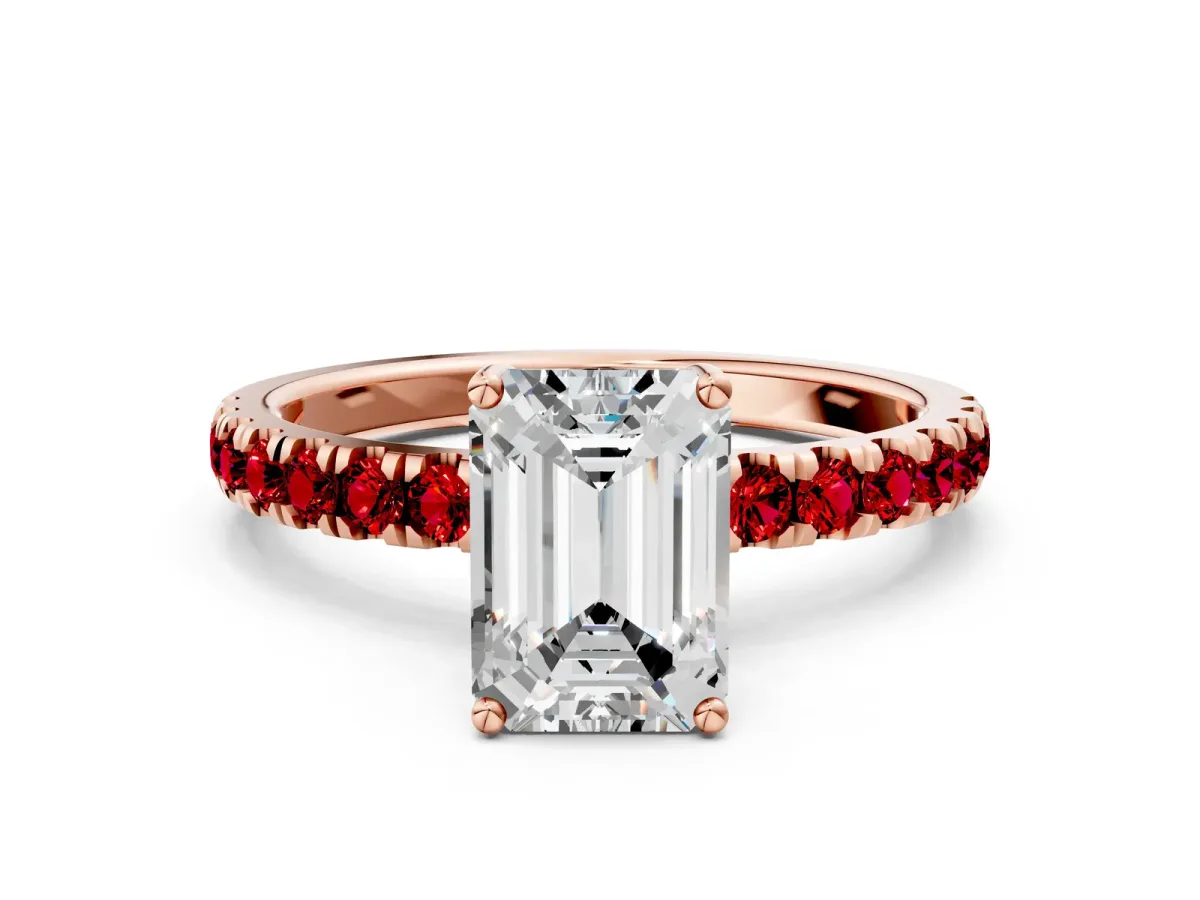 Emerald Cut Diamond Pave Band Solitaire Ring with Round Ruby and Prong Setting Rose gold