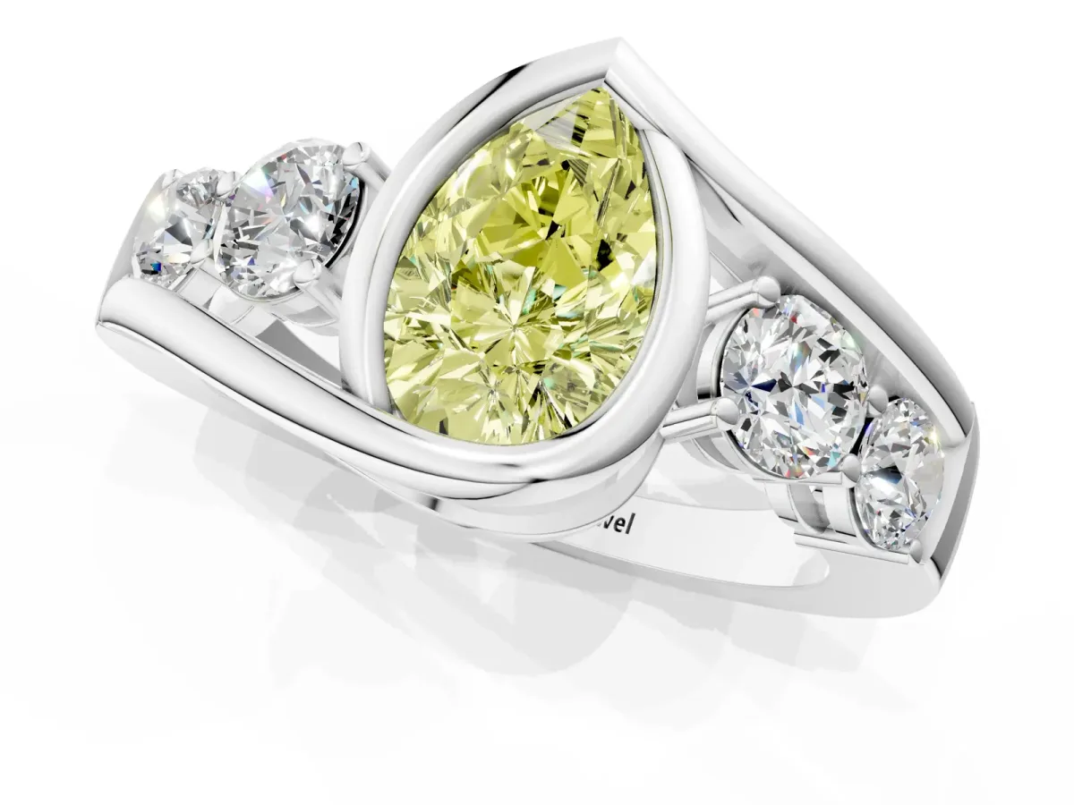 Fancy Yellow Bezel Set Pear Cut Diamond Bypass Ring with Round Accents Platinum