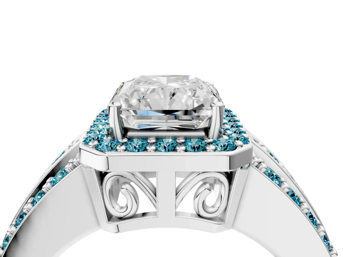 Radiant Cut Halo Diamond Ring with Round Blue Topaz Split Shank and Prong Setting Silver
