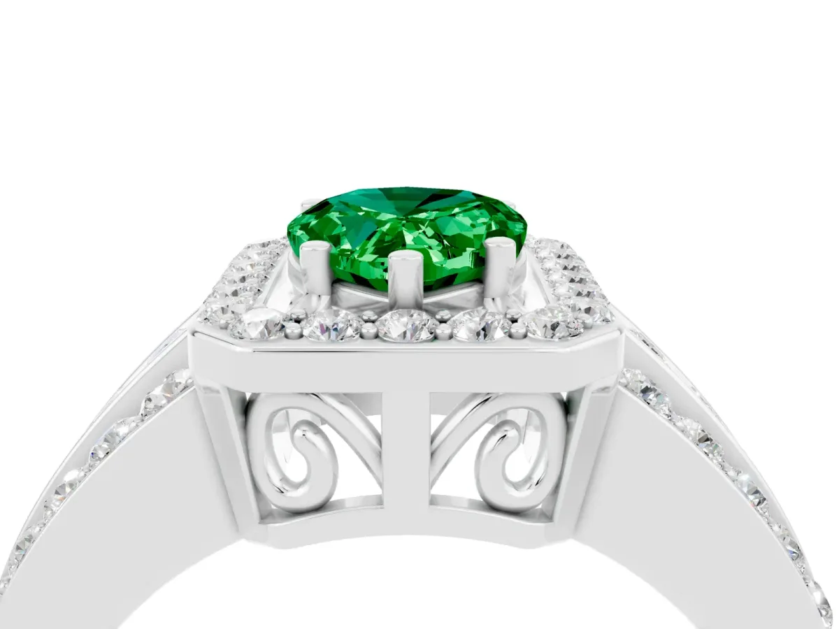 Pear Cut Halo Emerald Ring with Round Split Shank and Prong Setting Silver