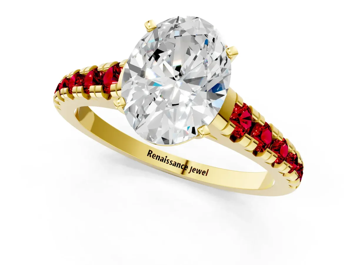 Oval Cut Diamond Cathedral Solitaire Ring with Round Ruby Pavé Band Yellow gold