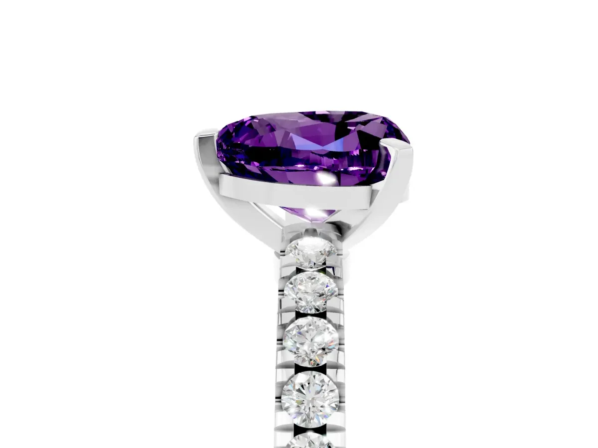 Heart Cut Solitaire Amethyst with Pavé Band and Four-Prong Setting Silver