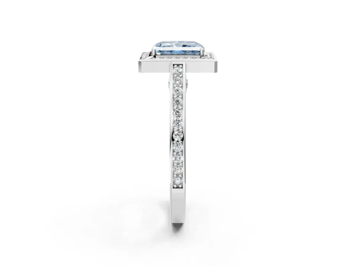 Fancy Blue Radiant Cut Cut Halo Pave Split Shank Prong Setting Ring Platinum