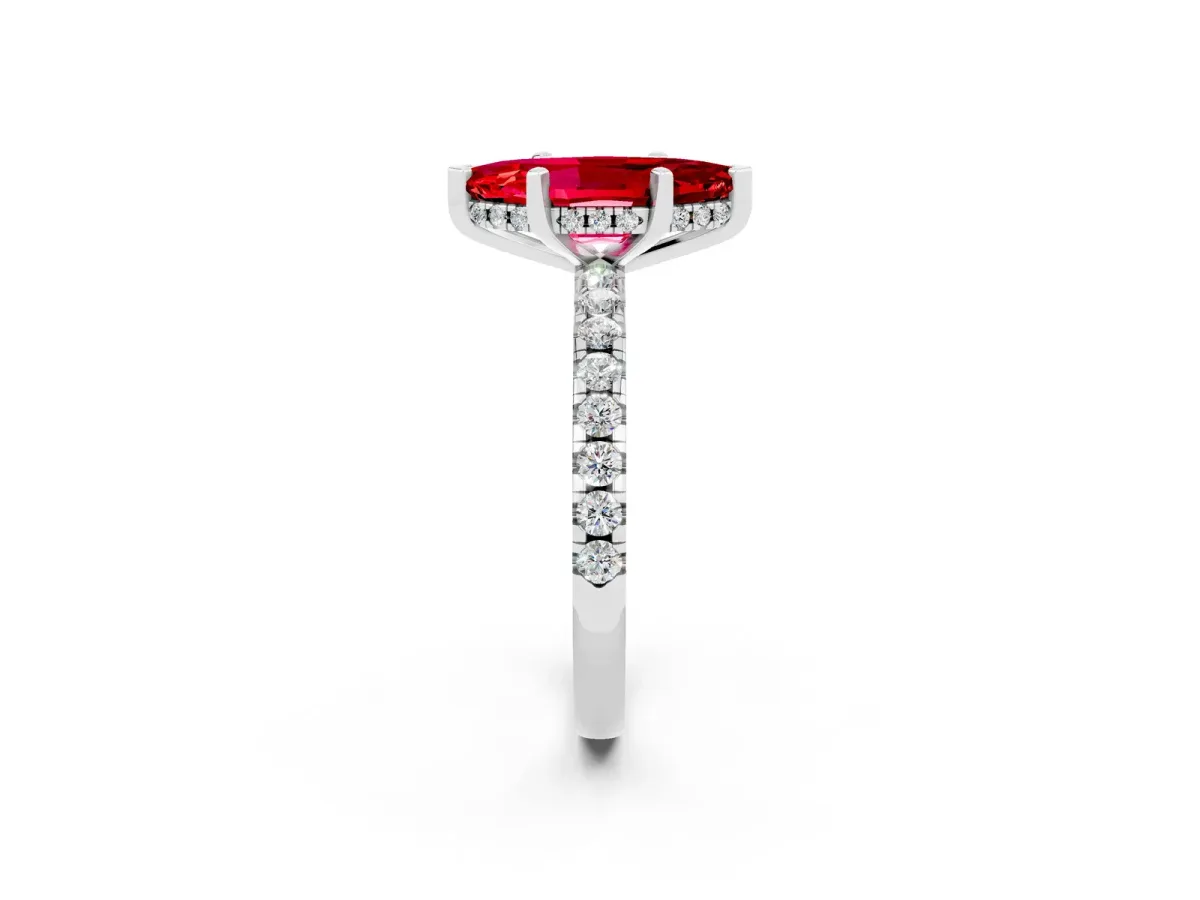 Marquise Cut Ruby Solitaire Ring with Round Pavé Band and Four-Prong Setting Silver