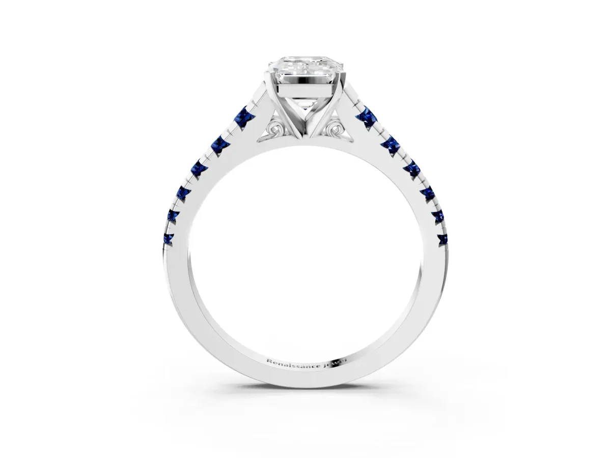 Emerald Cut Diamond Cathedral Solitaire Ring with Round Blue Sapphire Pavé Band Silver