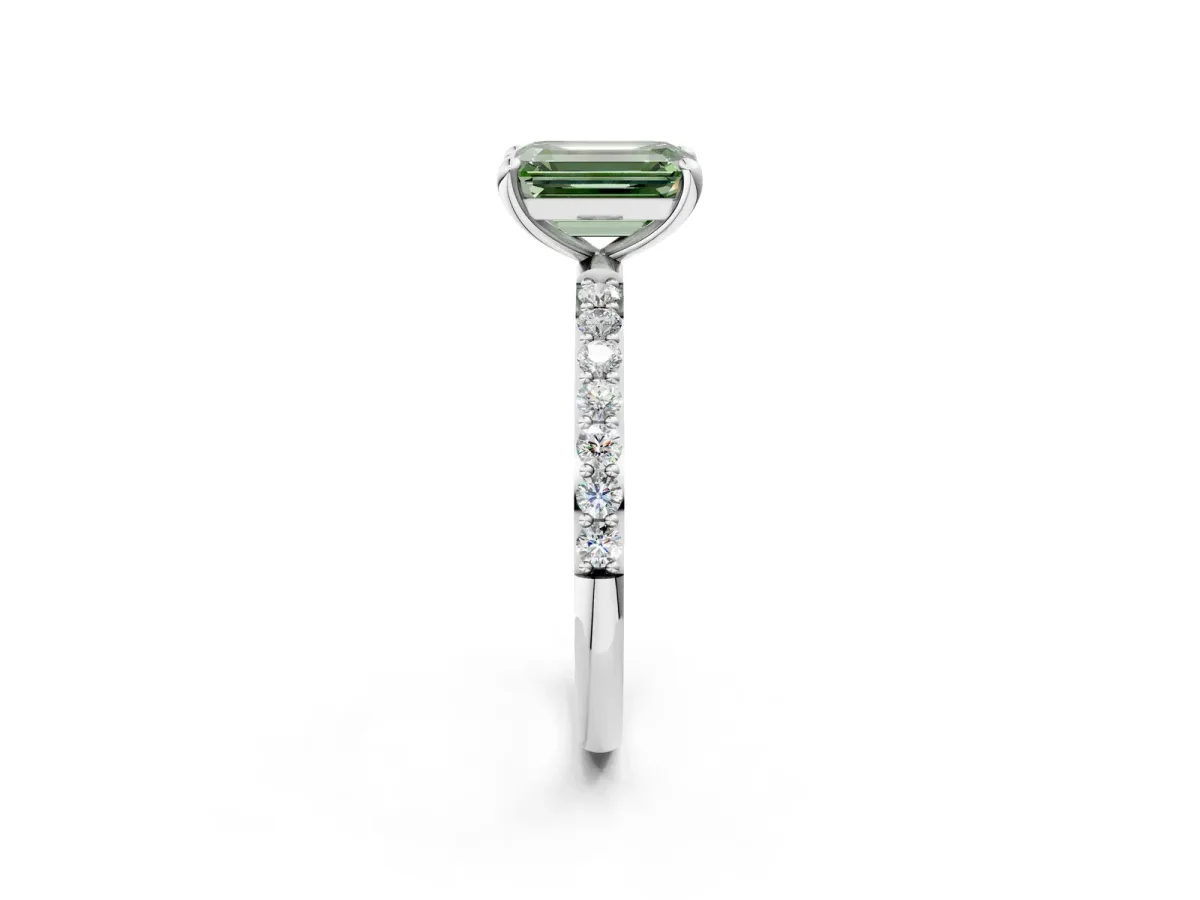 Fancy Green Emerald Cut Diamond Solitaire Ring with Round Pavé Band and Prong Setting Silver