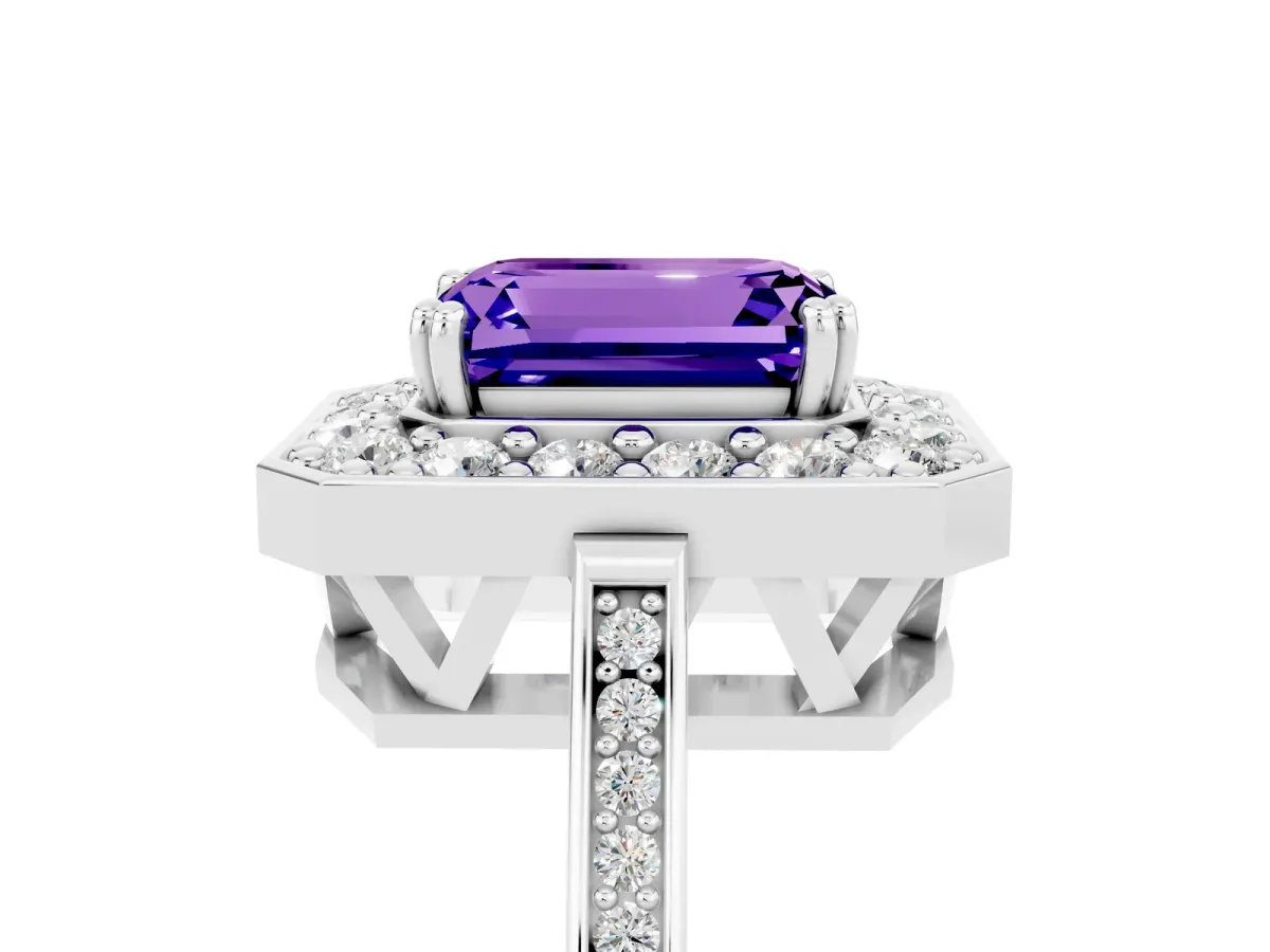 Emerald Cut Tanzanite Halo Ring with Split Shank and Four-Prong Setting White gold