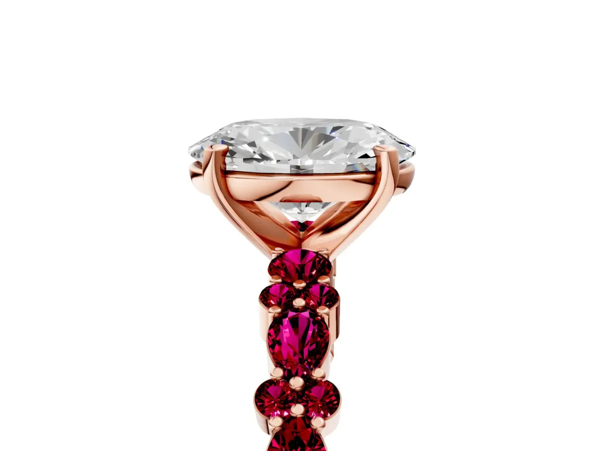 Oval Cut Diamond Side Stone Solitaire Ring with Round Garnet and Four-Prong Setting Rose gold