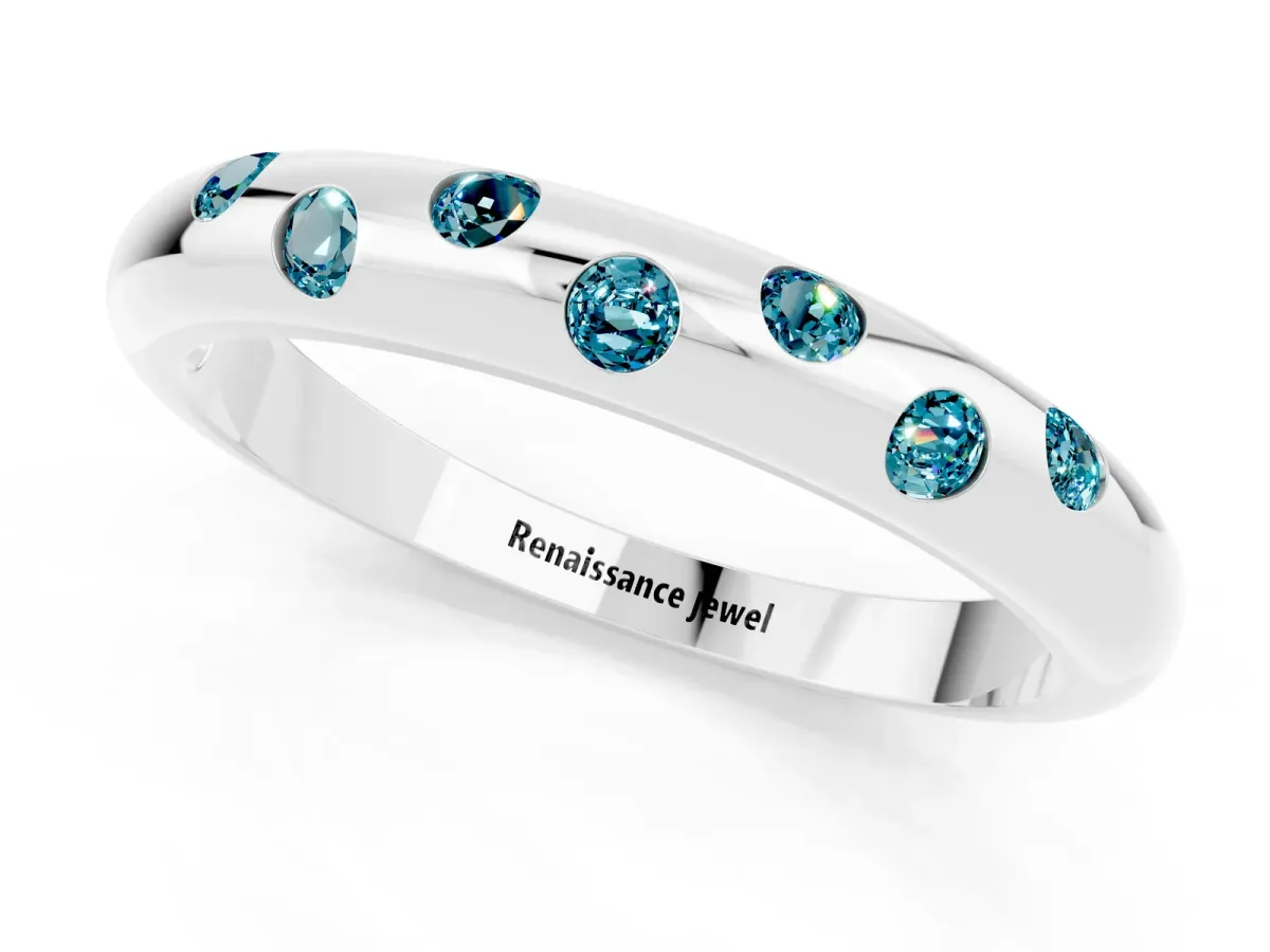 Round Blue Topaz Flush-Set Comfort Fit Band Silver