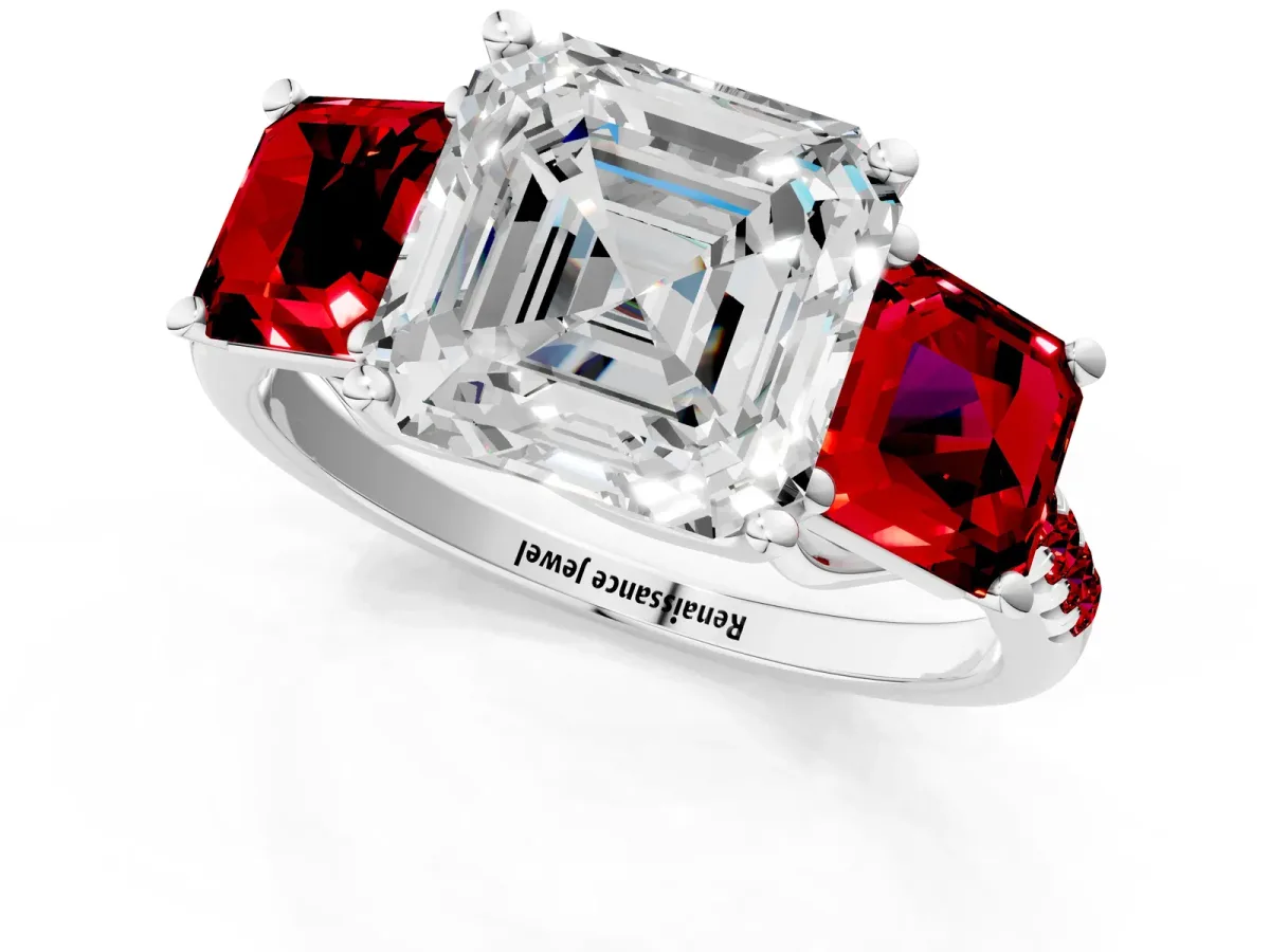 Three-Stone Asscher Cut Diamond Ring with Round Ruby Pavé Band and Prong Setting Platinum