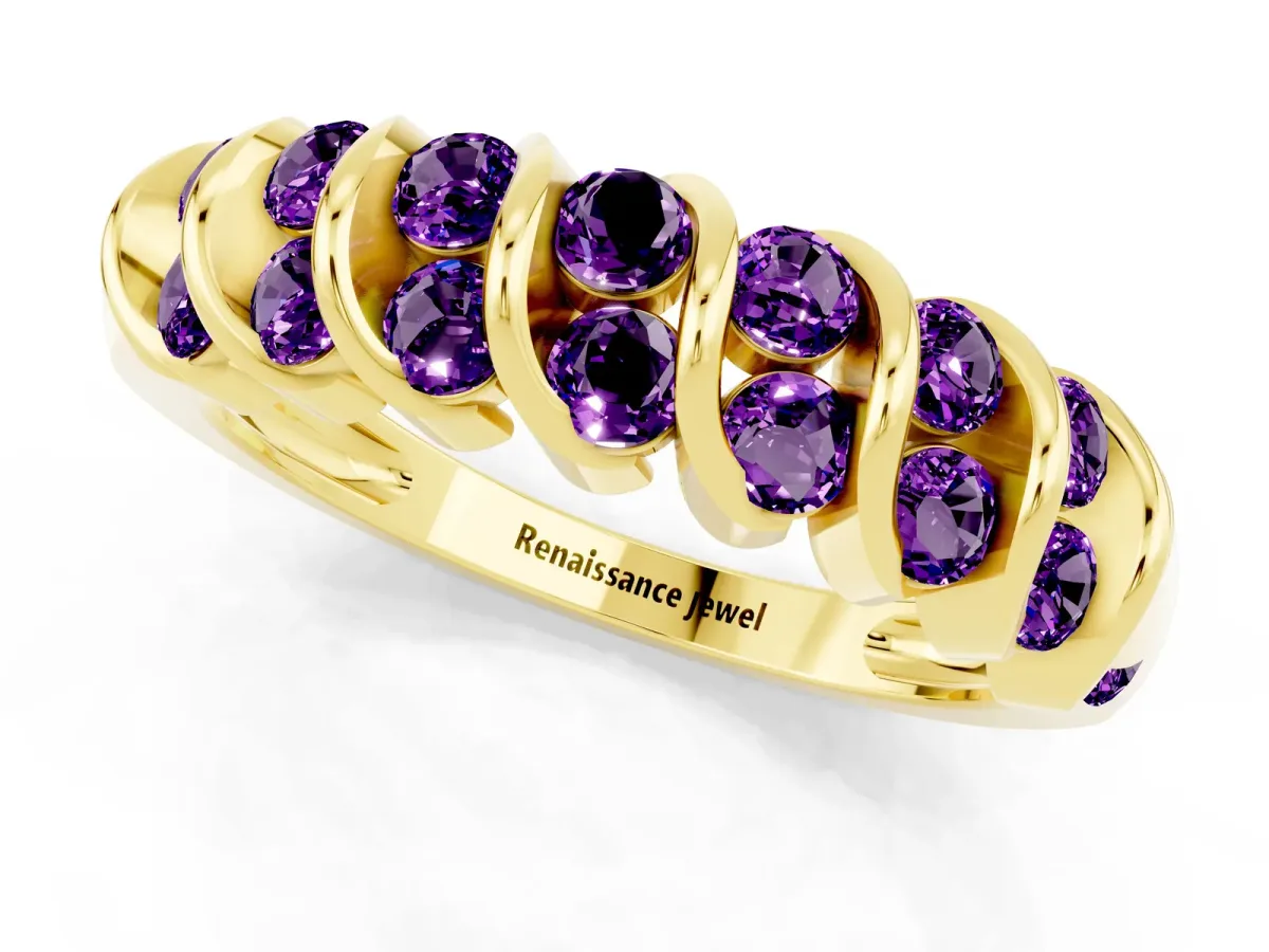 Channel Set Round Amethyst Multi-Row Band Yellow gold