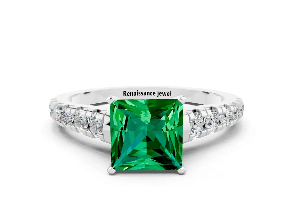 Princess Cut Emerald Cathedral Solitaire Ring with Round Pavé Band Platinum