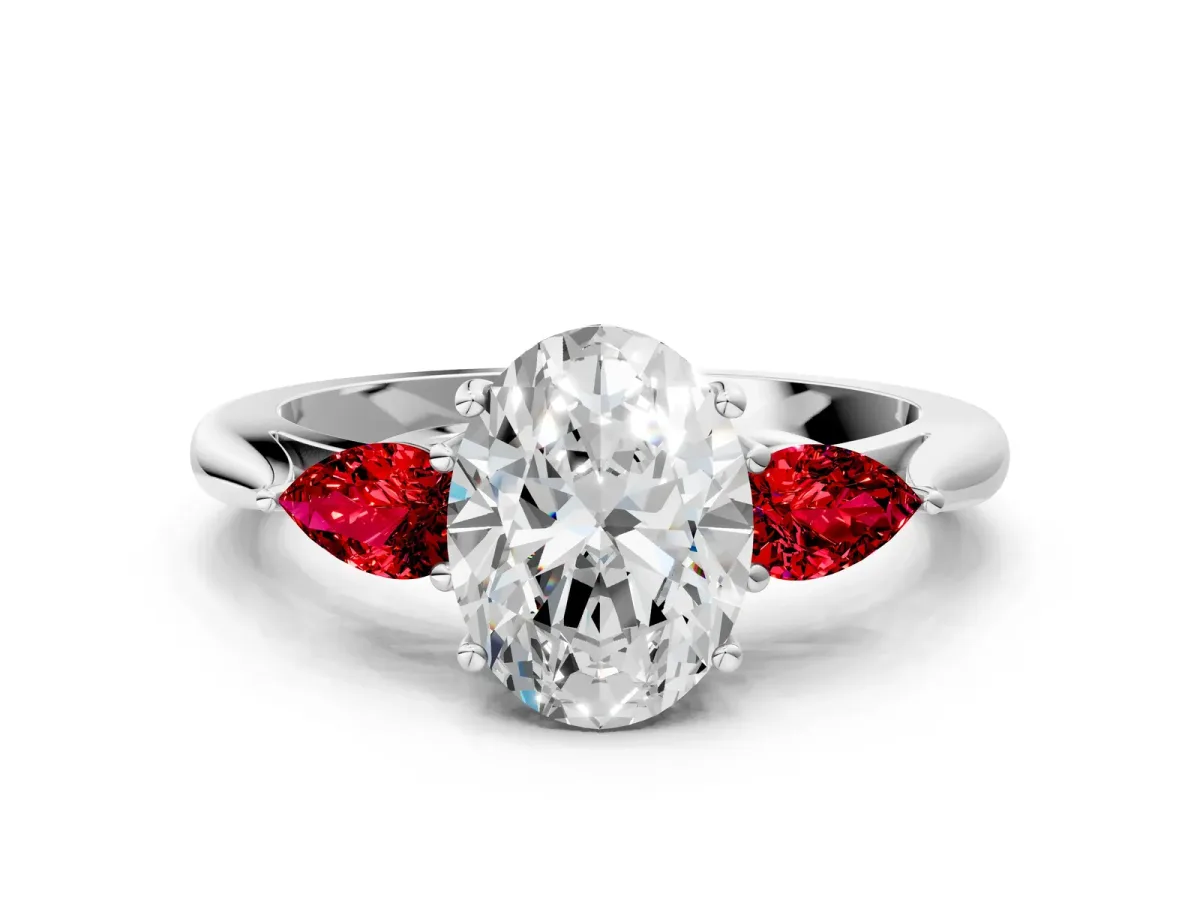 Oval Cut Diamond Three-Stone Ring with Pear Ruby Side Stones and Prong Setting White gold