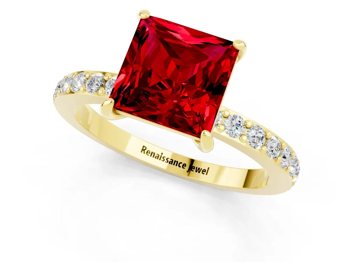 Princess Cut Ruby Solitaire Engagement Ring with Pavé Band and Four-Prong Setting Yellow gold