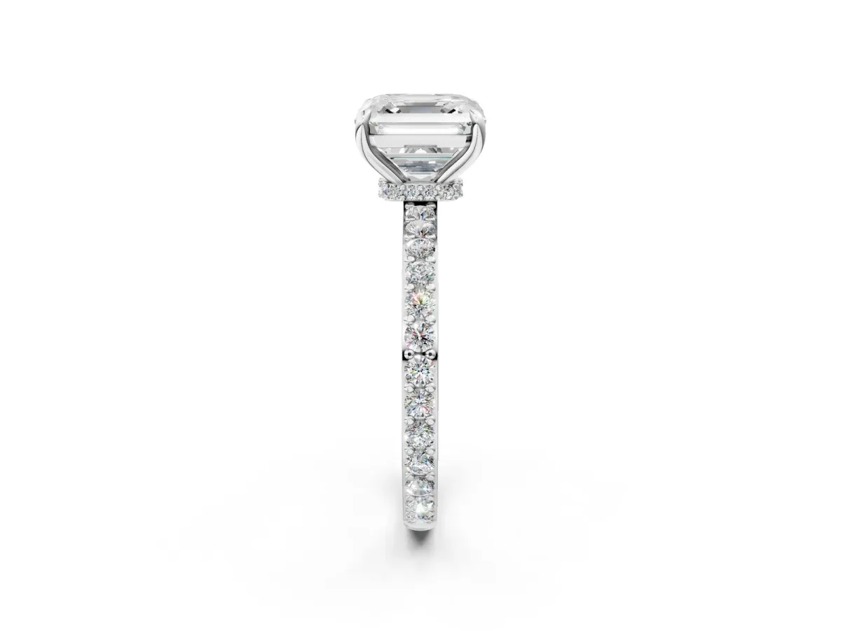 Asscher Cut Diamond Solitaire Engagement Ring with Pavé Band and Four-Prong Setting Silver