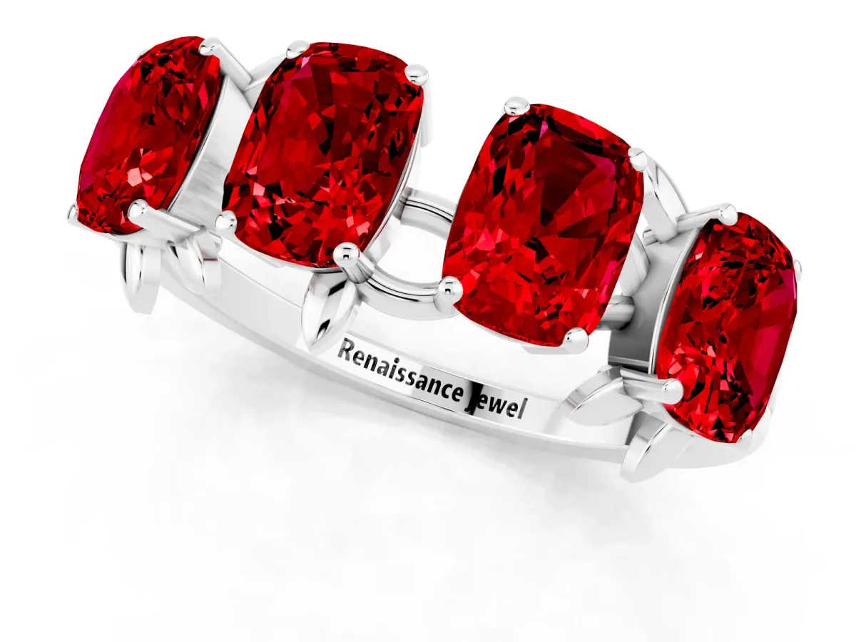 Four-Stone Elongated Cushion Ruby Band with Nature-Inspired Prong Setting Silver
