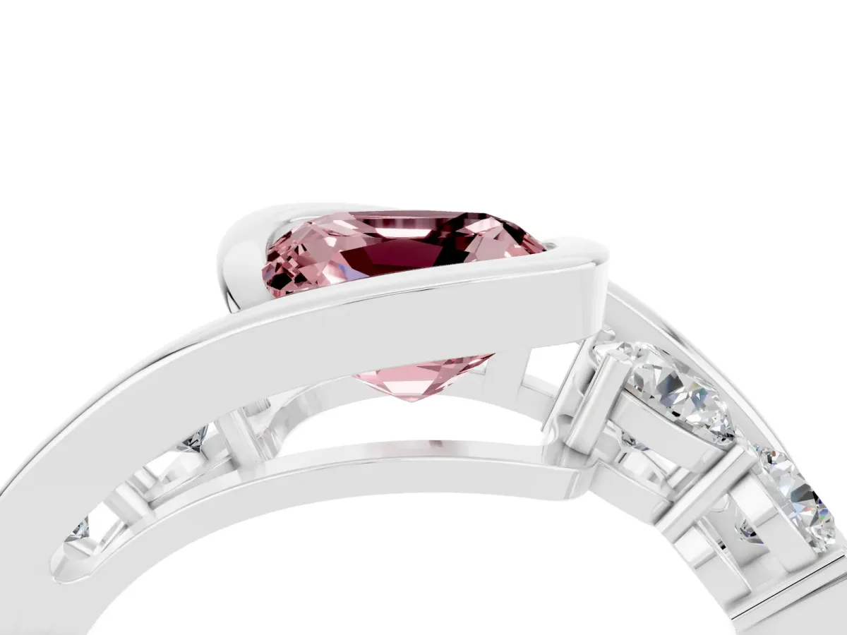Bezel Set Cushion Cut Morganite Bypass Ring with Round Accents Silver