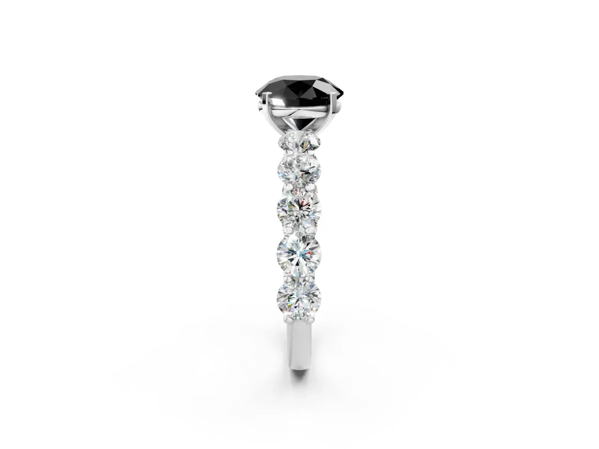 Fancy Black Round Cut Diamond Prong Setting with Side Stones on a Pave Band Silver