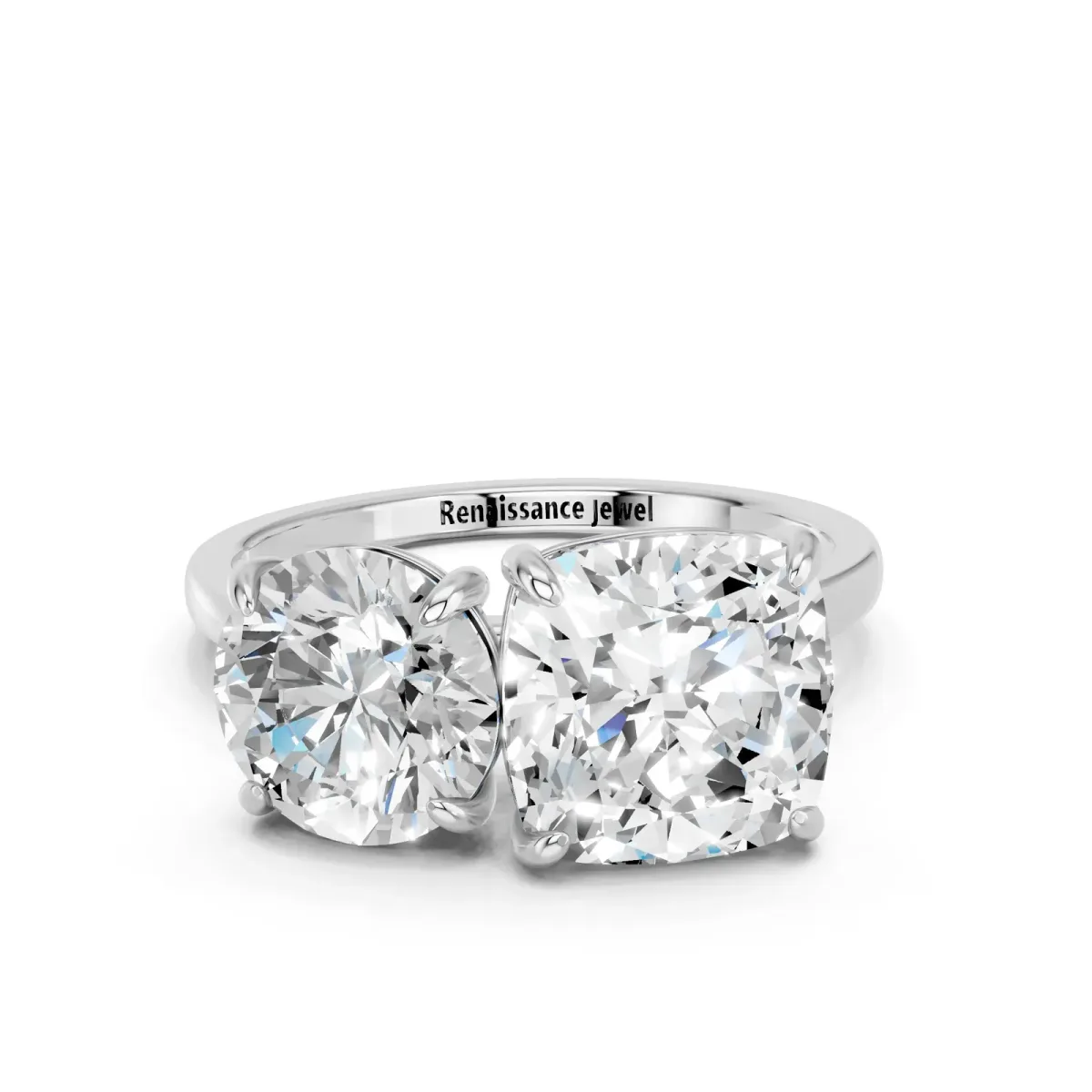 Round and Cushion Toi Moi Ring with Prong Setting and Plain Band Platinum