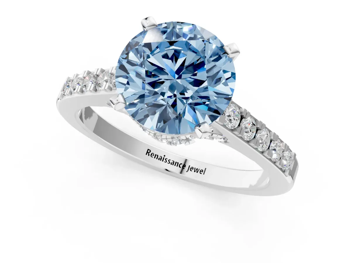 Fancy Blue Round Cut Diamond Solitaire Ring with Crossover Gallery and Round Pavé Band Silver