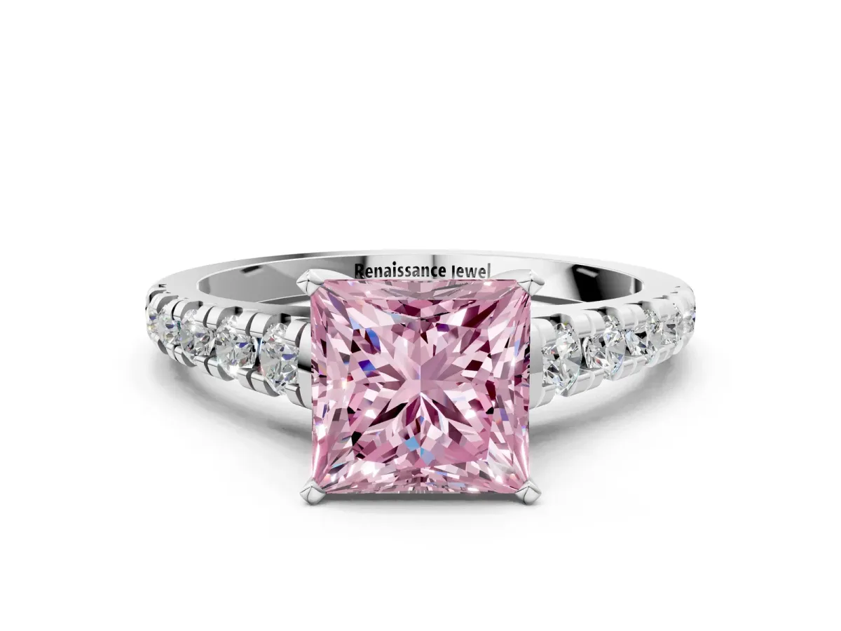 Fancy Pink Princess Cut Diamond Cathedral Solitaire Ring with Round Pavé Band Silver