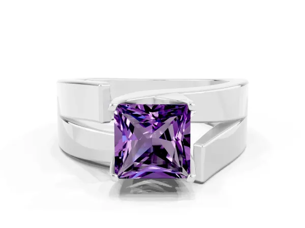 Modern Tension Set Princess Cut Amethyst Solitaire Wide Band Ring Platinum