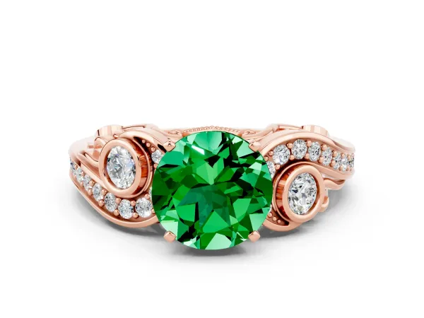 Round Cut Emerald Solitaire Ring with Milgrain Pavé Band and Four-Prong Setting Rose gold
