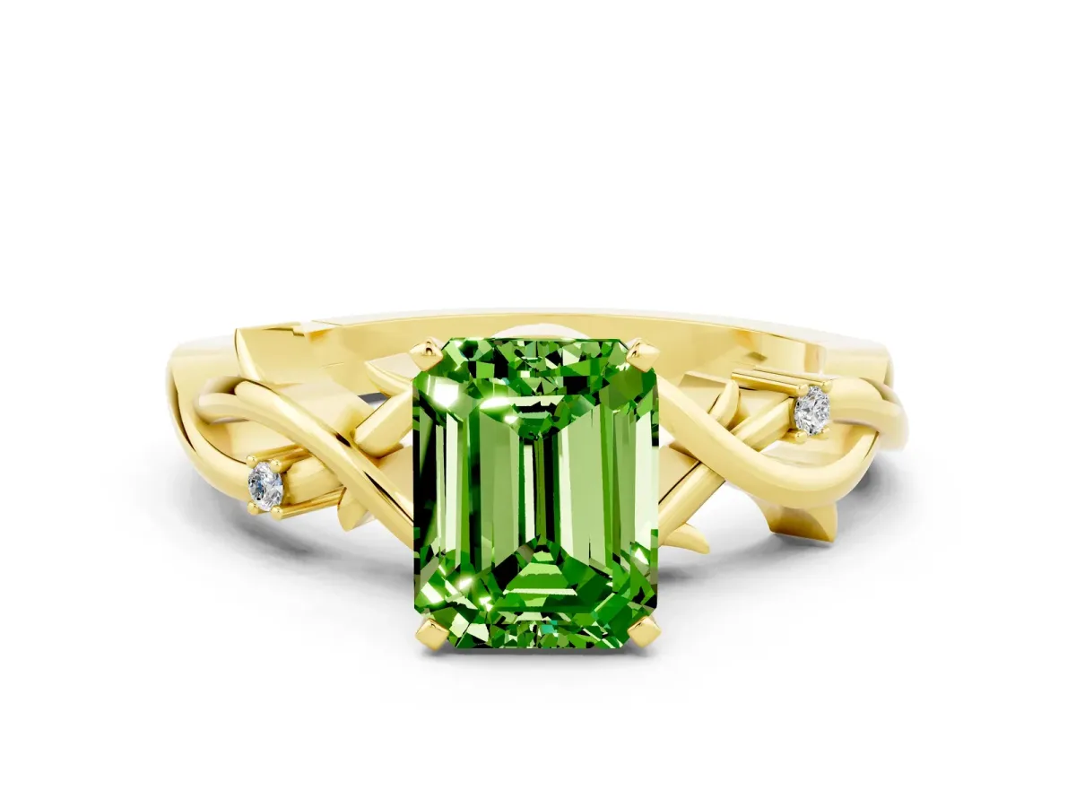 Emerald Cut Peridot Solitaire Ring with Twisted Band and Prong Setting Yellow gold