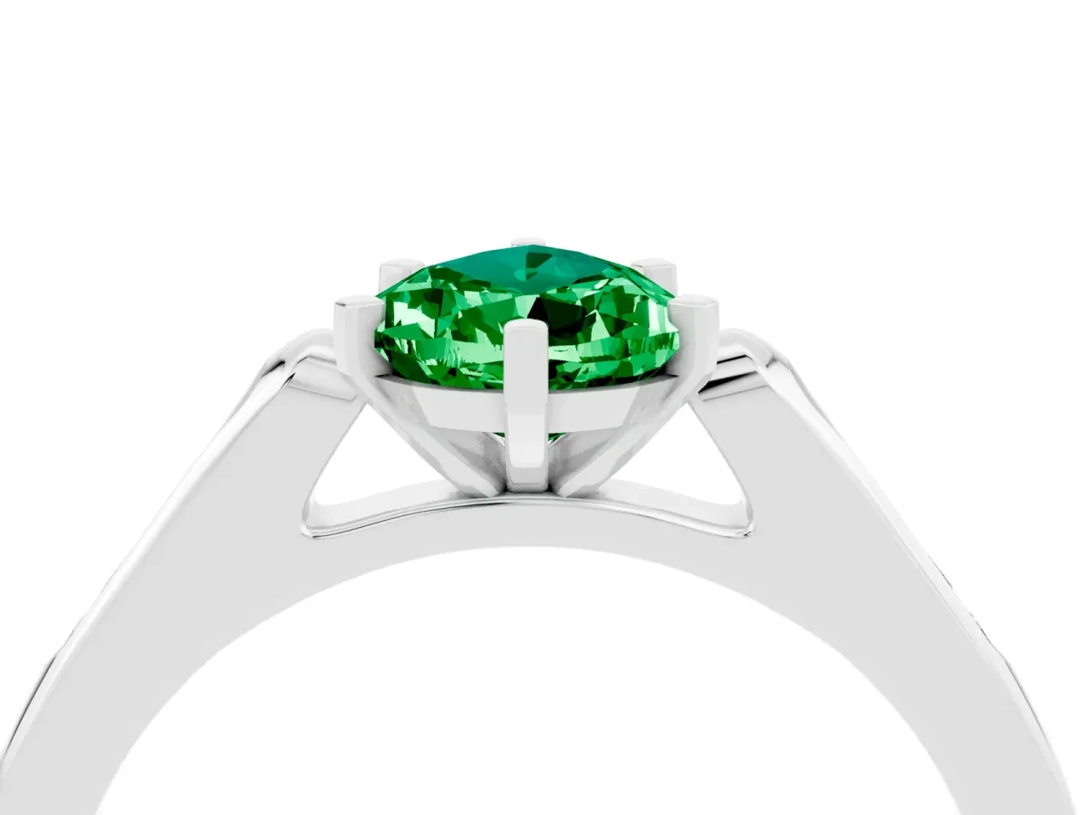 Pear Cut Emerald Solitaire Ring with Channel Set Round Band and Prong Setting Silver