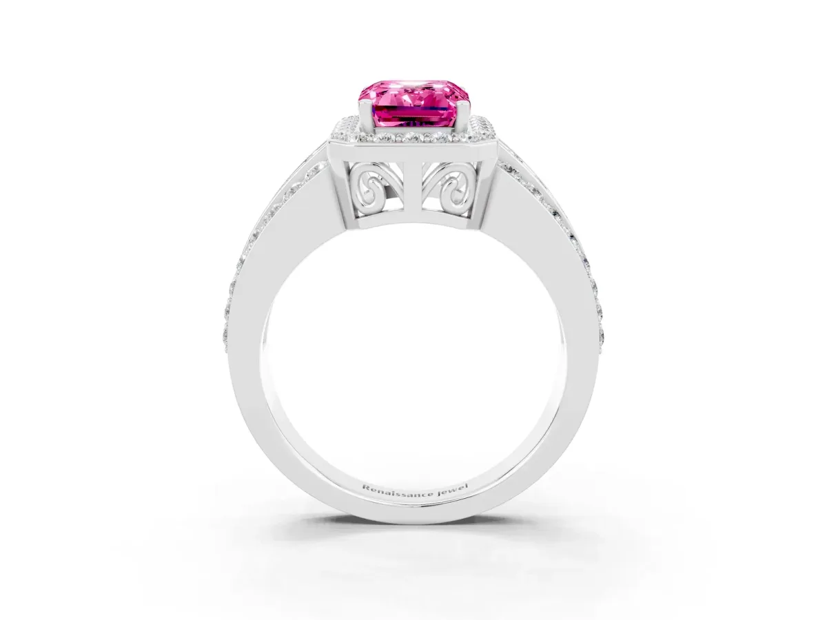 Emerald Cut Halo Pink Sapphire Ring with Round Split Shank and Prong Setting Silver