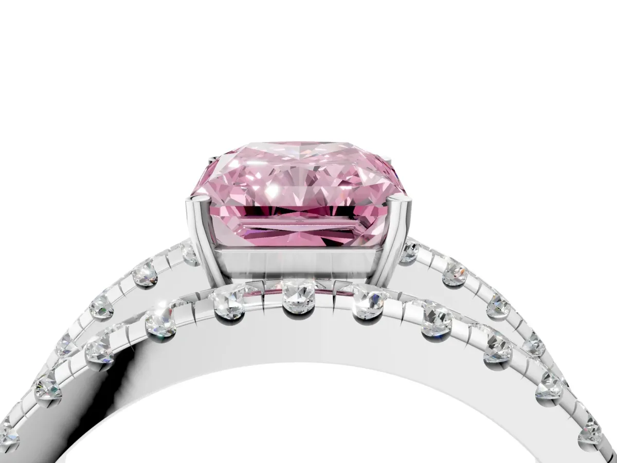 Fancy Pink Radiant Cut Solitaire Split Shank Pave Diamond Ring Platinum