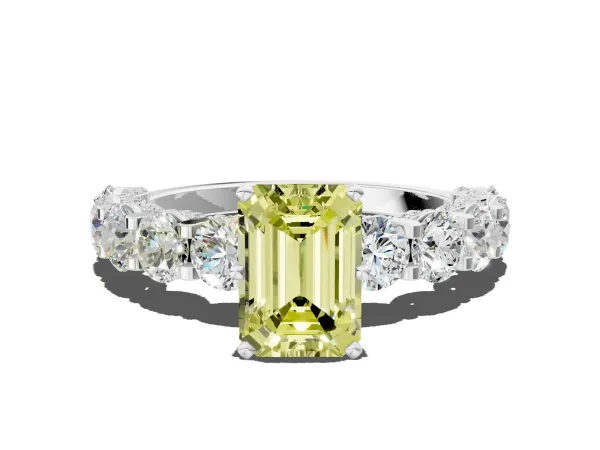 Fancy Yellow Emerald Cut Diamond Side Stone Engagement Ring with Four-Prong Setting White gold