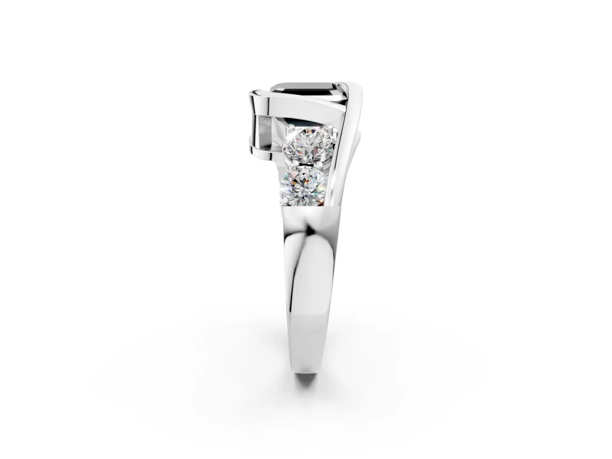 Fancy Black Bezel Set Asscher Cut Diamond Bypass Ring with Round Accents Silver