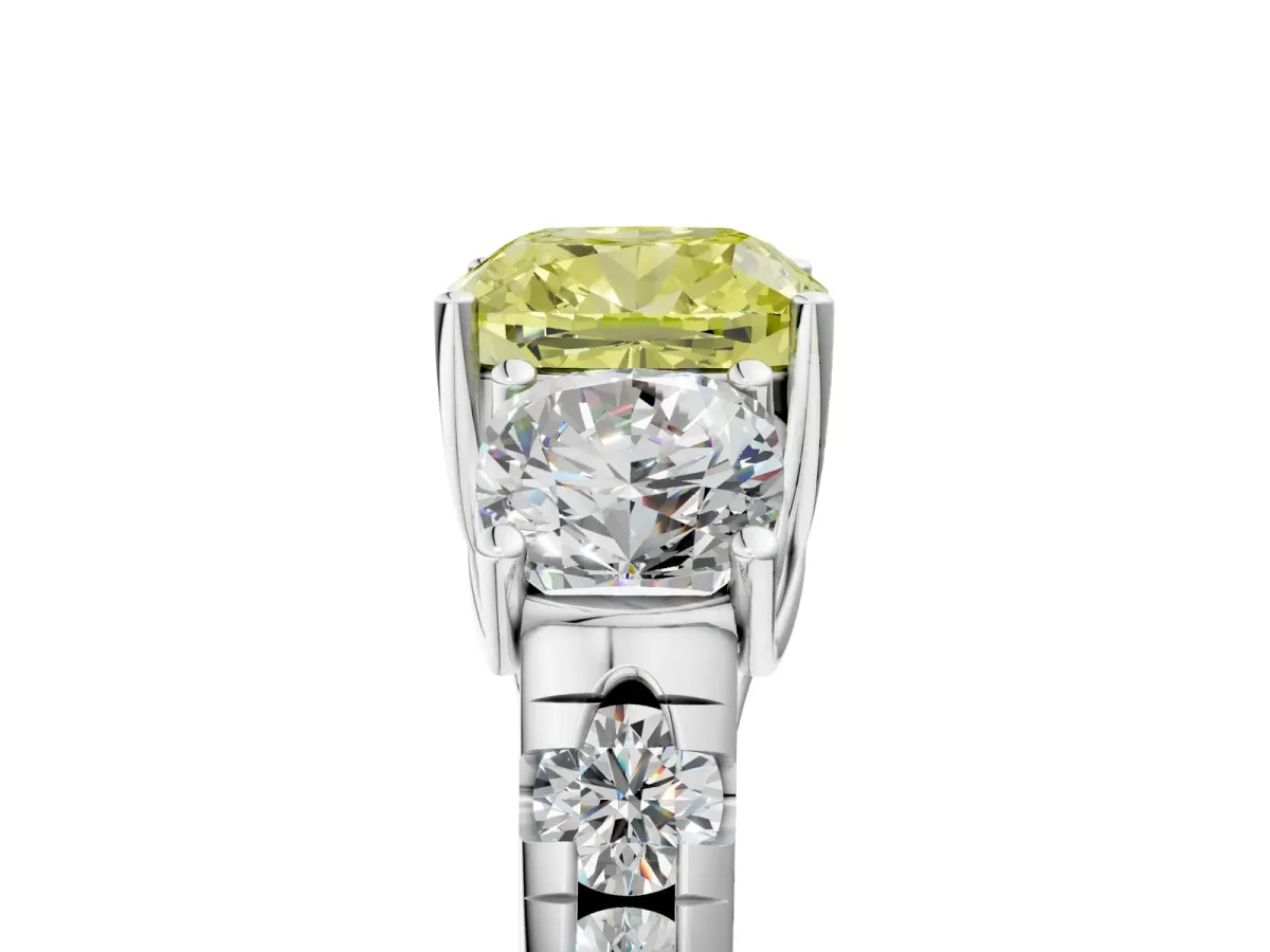 Fancy Yellow Three-Stone Cushion Cut Diamond Pavé Band with Prong Setting Platinum