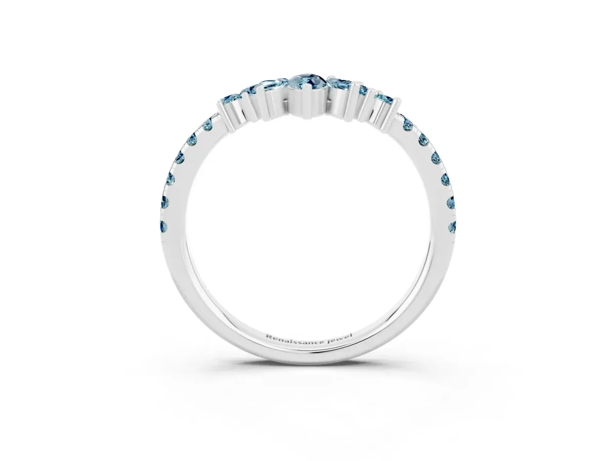 Chevron Marquise and Round Aquamarine Open Band with Prong Setting Silver