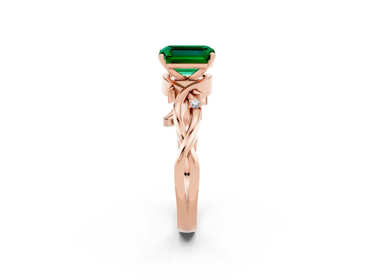 Emerald Cut Emerald Solitaire Ring with Twisted Band and Prong Setting Rose gold