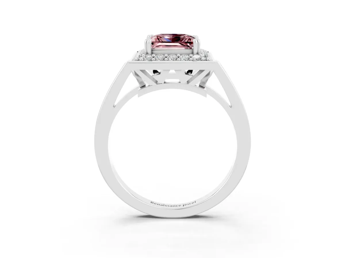 Princess Cut Morganite Halo Ring with Split Shank and Four-Prong Setting Platinum
