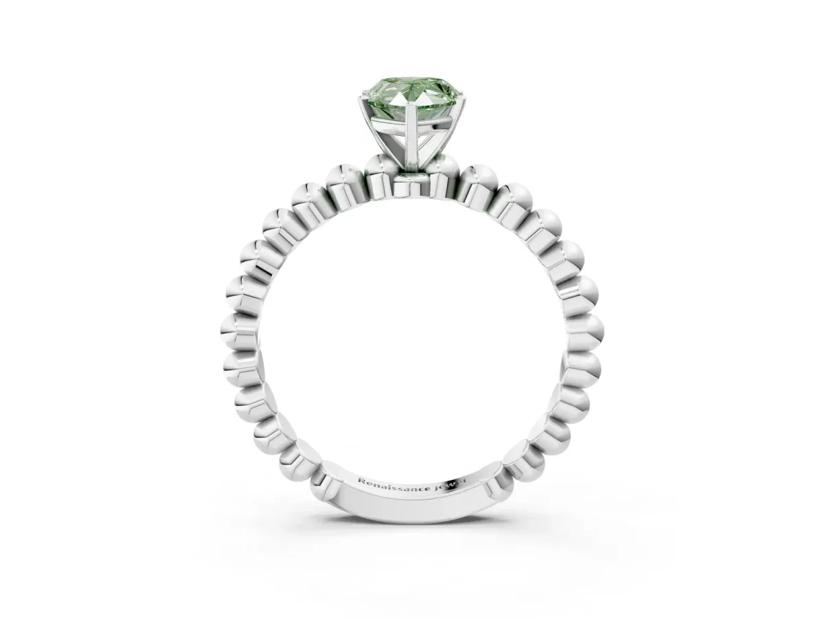 Fancy Green Pear Cut Diamond Solitaire Ring with Beaded Band and Prong Setting White gold