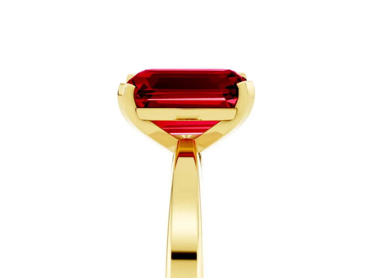 Emerald Cut Ruby Solitaire Engagement Ring with Classic Band and Four-Prong Setting Yellow gold