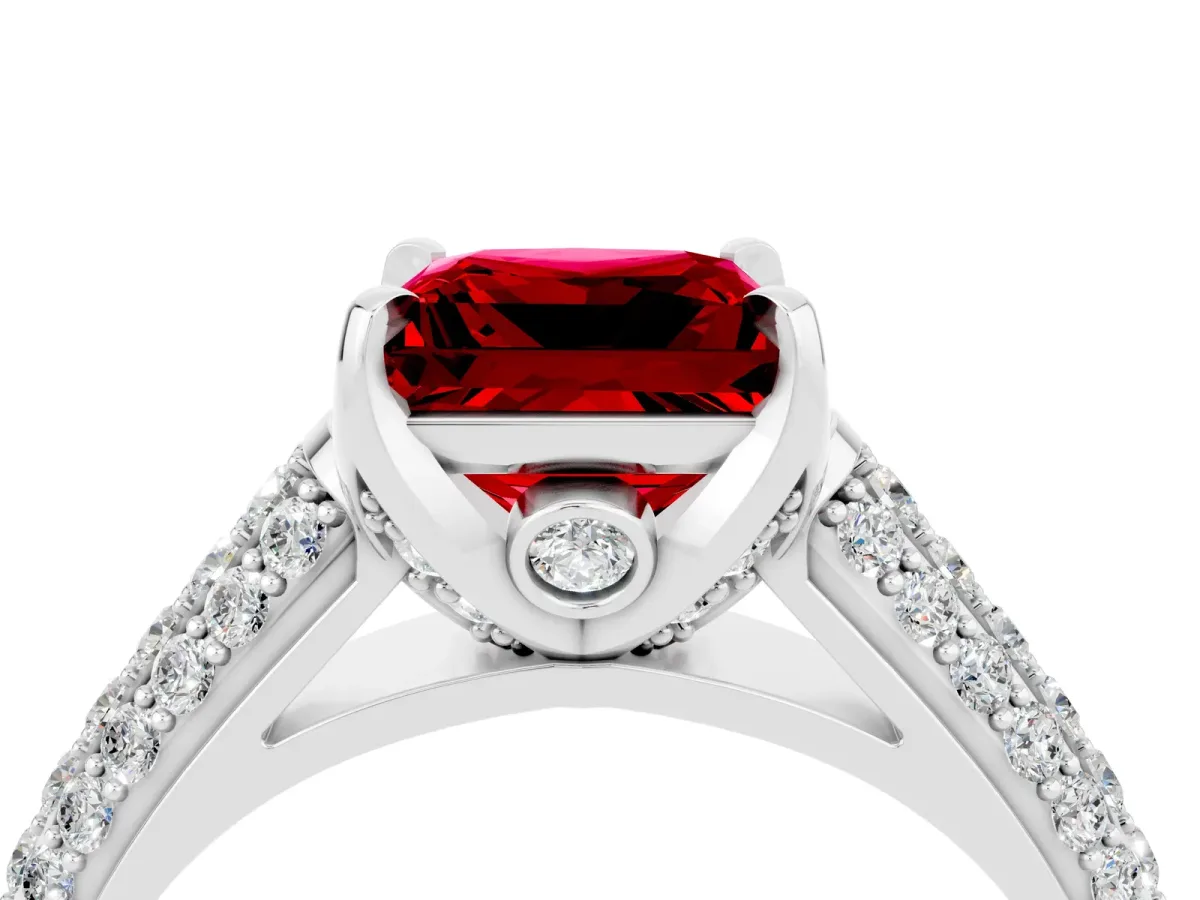 Princess Cut Ruby Solitaire Ring with Three-Row Pavé Band and Four-Prong Setting Platinum