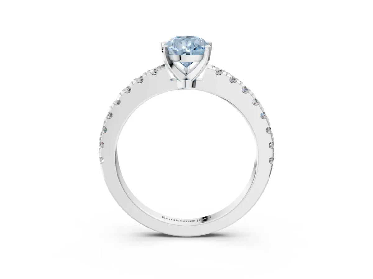 Fancy Blue Pear Cut Solitaire Diamond with Pavé Band and Four-Prong Setting Silver