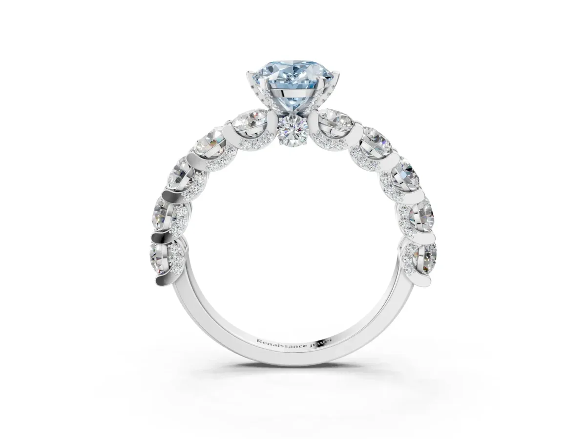 Fancy Blue Oval Cut Diamond Side Stone Engagement Ring with Four-Prong Setting White gold