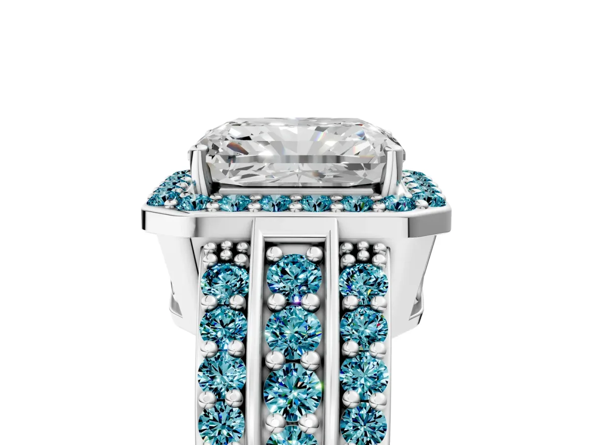 Radiant Cut Halo Diamond Ring with Round Blue Topaz Split Shank and Prong Setting Silver