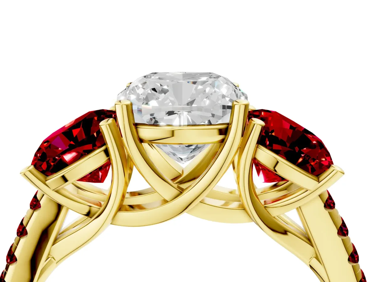Three-Stone Cushion Cut Diamond Ring with Round Ruby Pavé Band and Prong Setting Yellow gold