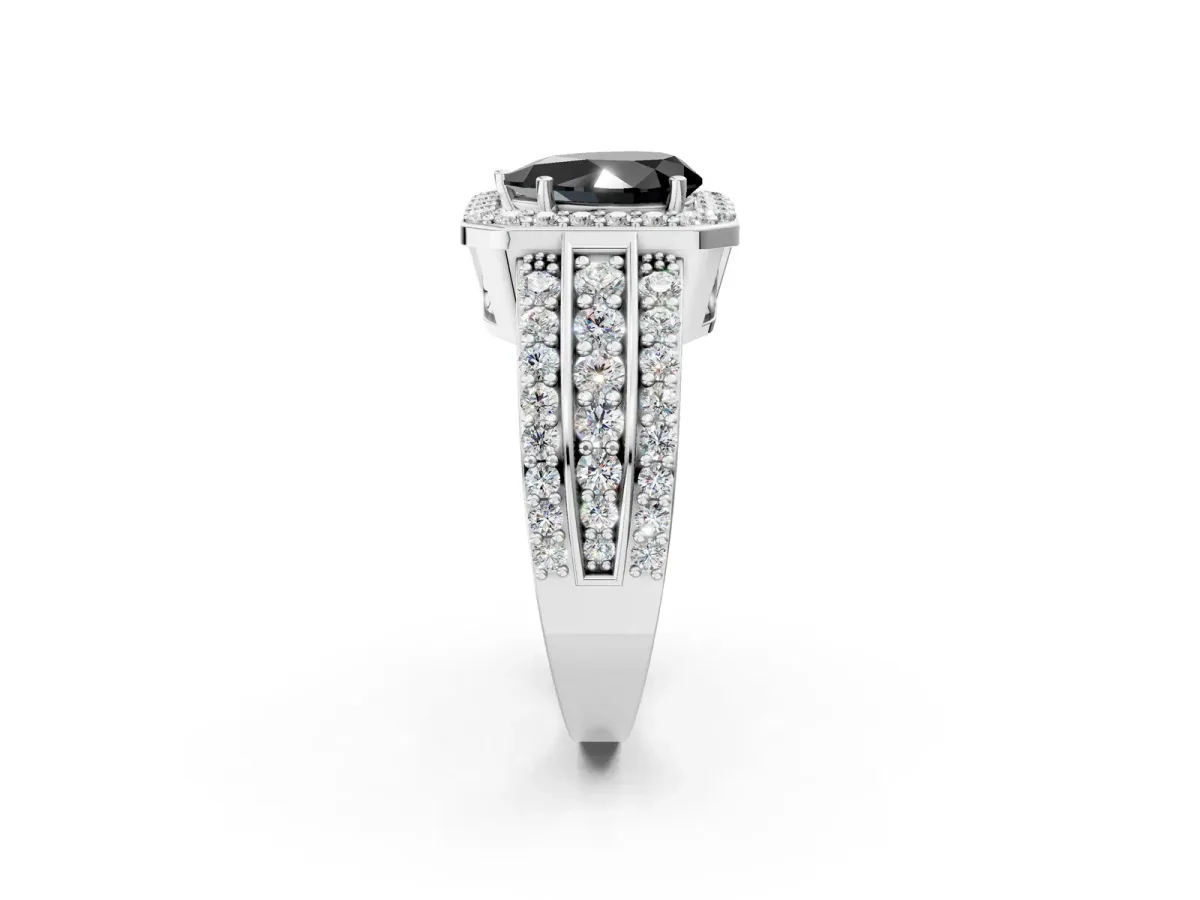 Fancy Black Pear Cut Halo Diamond Ring with Round Split Shank and Prong Setting Platinum