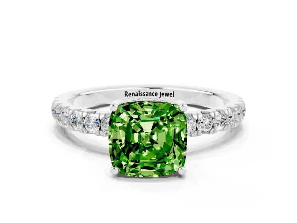 Cushion Cut Peridot Pave Band Solitaire Ring with Round and Prong Setting Platinum