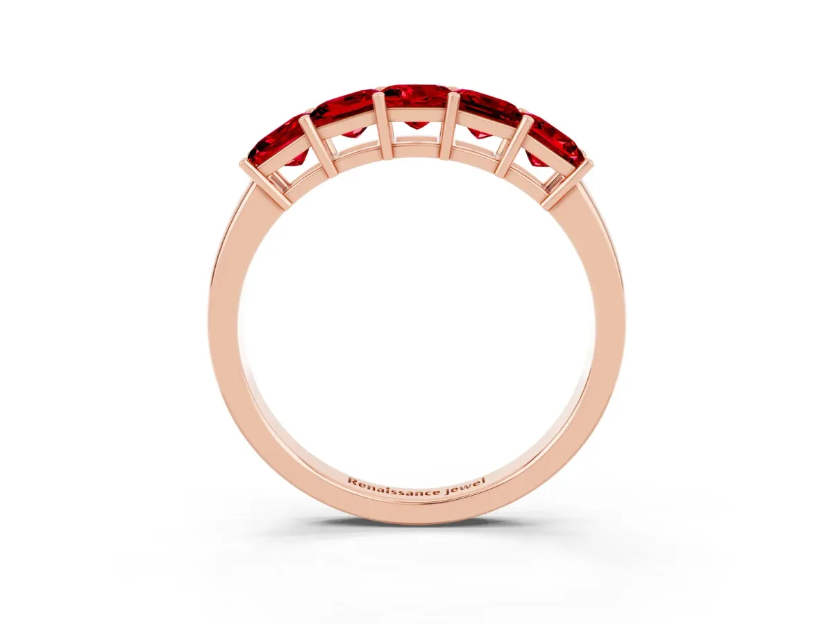 Princess Cut Five-Stone Ruby Band with Prong Setting Rose gold