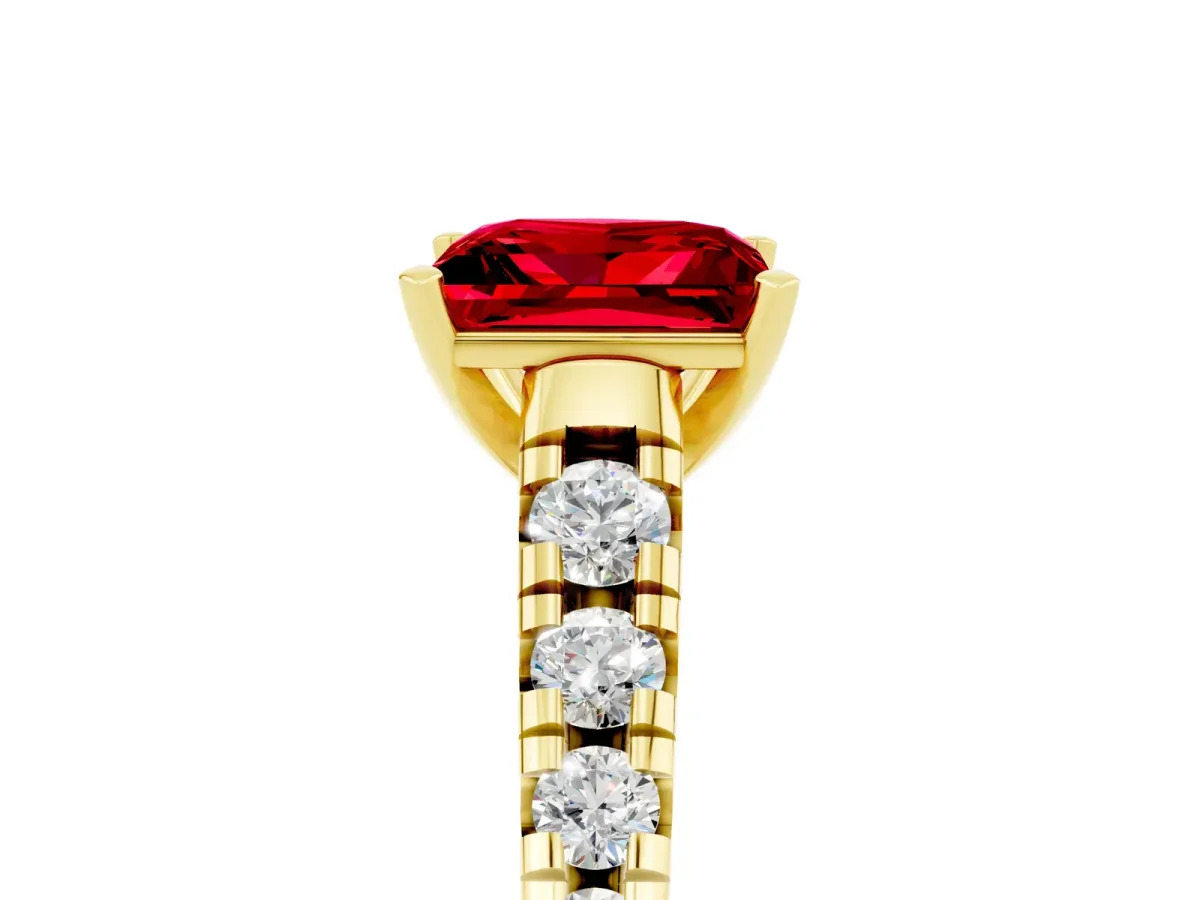 Princess Cut Ruby Cathedral Solitaire Ring with Round Pavé Band Yellow gold