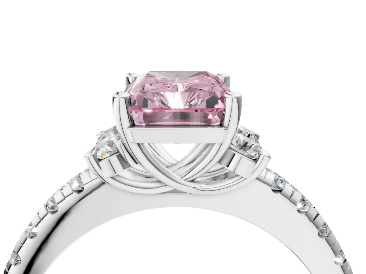 Fancy Pink Radiant Cut Diamond Three-Stone Pave Band with Four-Prong Setting Platinum