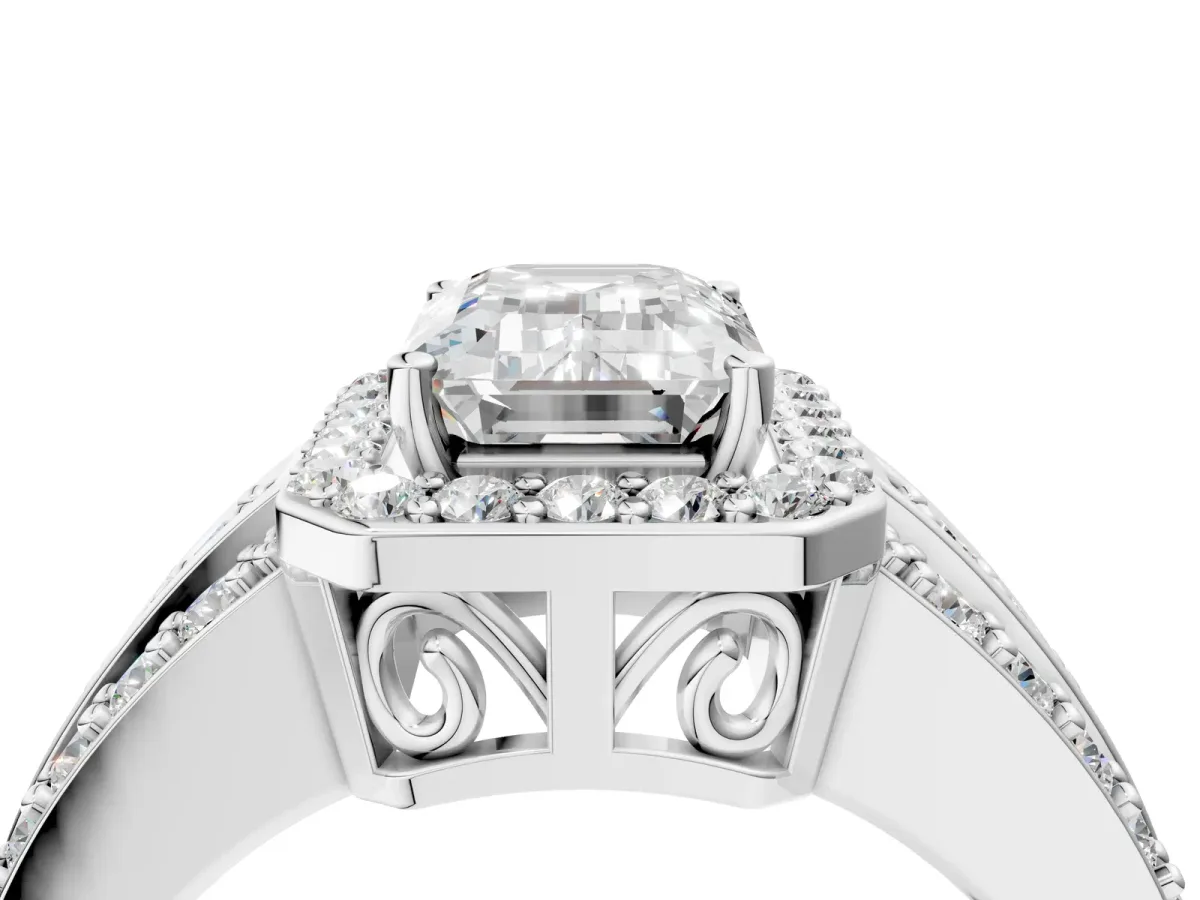 Emerald Cut Halo Diamond Ring with Round Split Shank and Prong Setting Platinum
